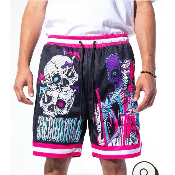 SUGARHILL Sauron Shorts Multicolor All Over Print XXL Grafiti Skull Mushrooms - Picture 1 of 14